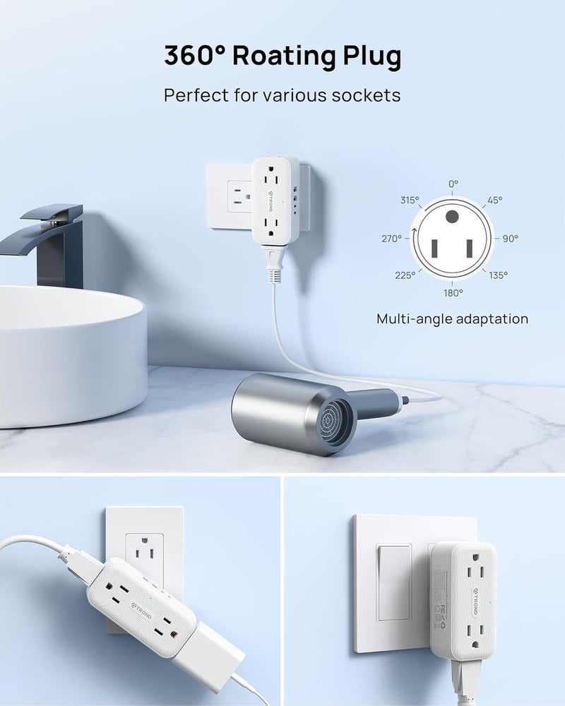 TROND Outlet Extender with 360 Rotating Plug, Plug Adapter with 4 Electrical Sockets and 4 USB Ports, 900 Joules Surge Protection, 3 Way Outlet Splitter for Home Office Travel, White - Image 4